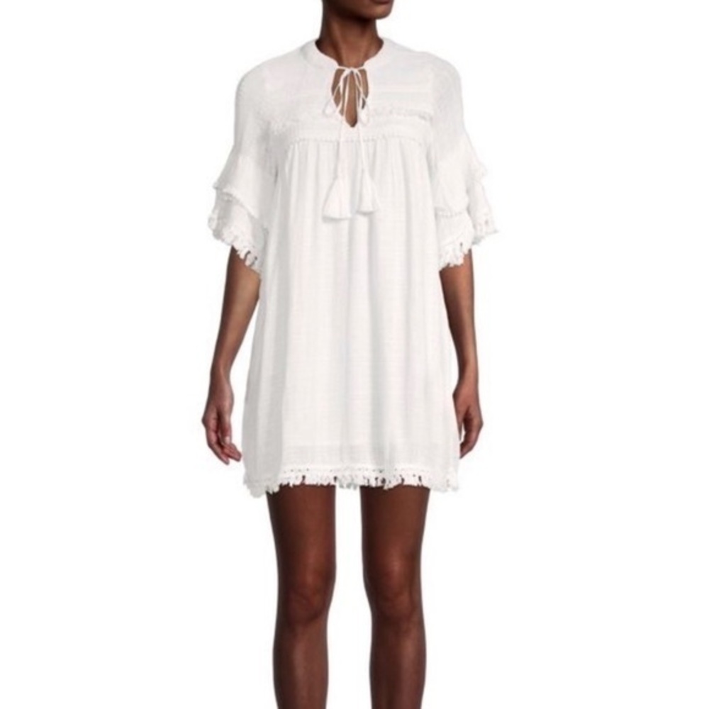 ALLISON‎ NEW YORK Embroidered Tassel-Tie Mini Dress white extra small b